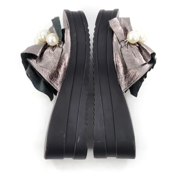 NORKA Silver Leather Ruffle Platform Wedge Slide Sandals With Pearls - Picture 7 of 9